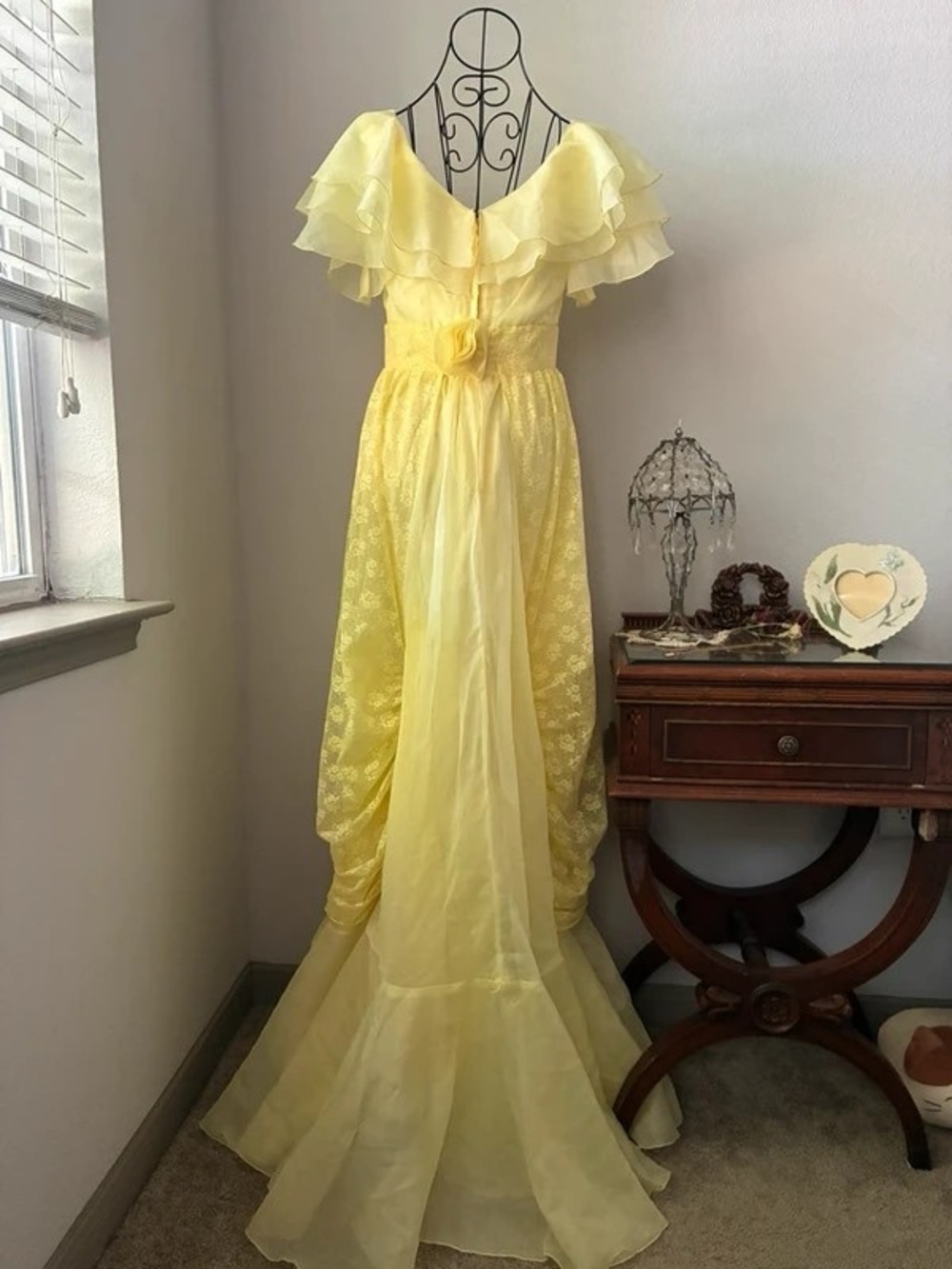 Yellow Layered Ruffle Maxi Dress with Waist Rosette